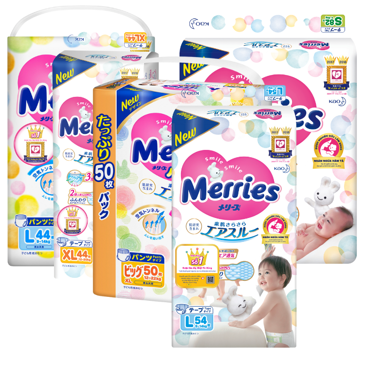 Tã dán/quần merries nb90/s84/m64/l54/m58/l44/xl38/xxl26- hàng nhập khẩu cty snb -