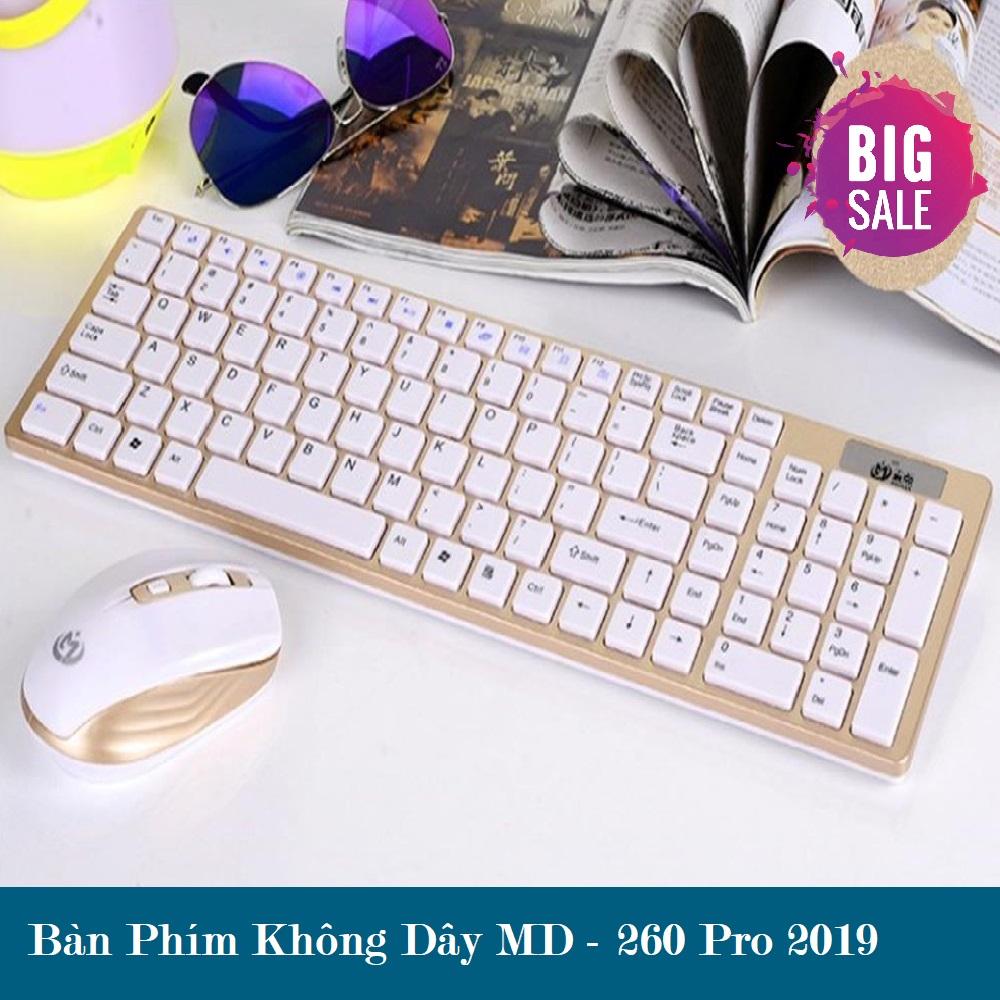 Bàn phím không dây, bàn phím cơ giả, bàn phím kèm chuột không dây md-260 công nghệ kết nối cổng usb 2.4 ổn định đường truyền 10m, chất liệu nhựa abs bền chịu lực, sử dụng pin tiểu dễ thay thế.