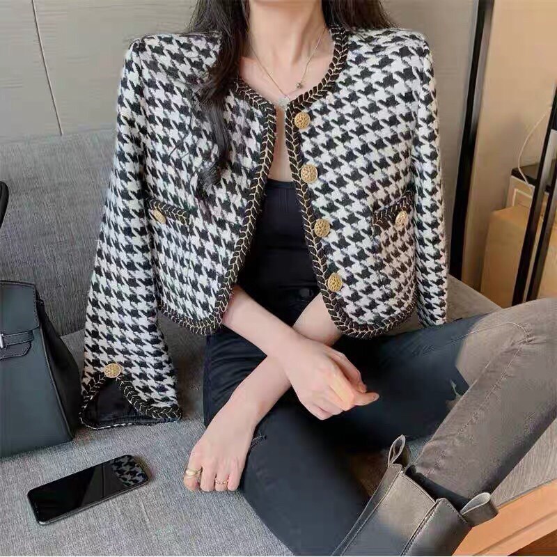 Áo dạ tweed forgirl kẻ caro dáng ngắn tiểu thư áo cardigan dạ dày dặn - miss girl