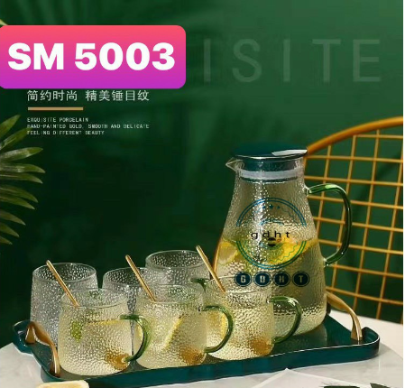 Bộ bình đựng nước sm1003 có khay sứ và 6 cốc thủy tinh chịu nhiệt cao cấp