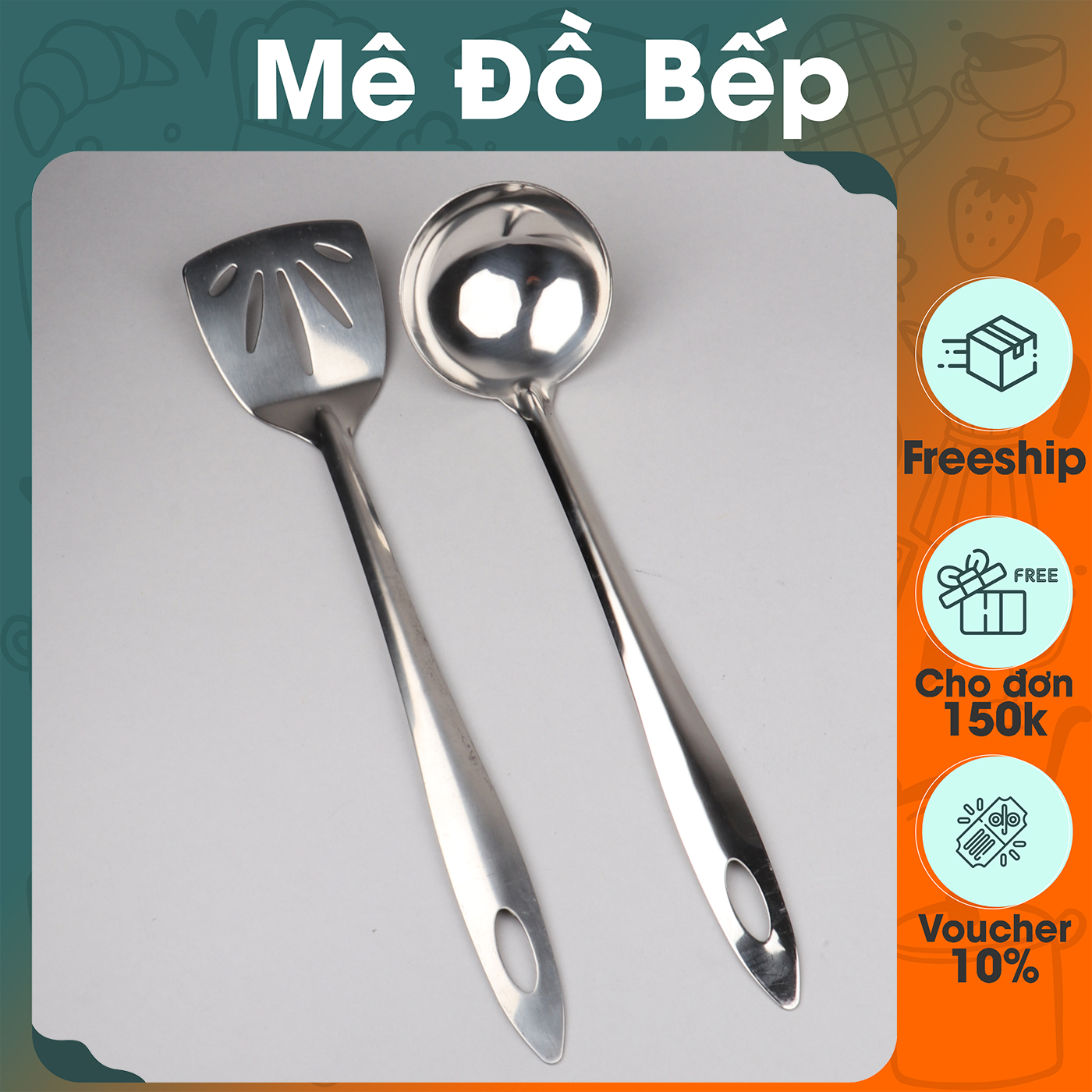 Set Xẻng lỗ, Vá đặc inox Bam House cán trơn cao cấp siêu bền SCT24 - Gia dụng bếp