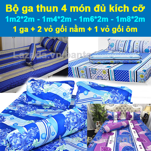 Bộ ga giường vải thun 4 món đủ kích cỡ 1m2, 1m4, 1m6, 1m8 gồm 1 ga nệm, 2 vỏ gối nằm 40x60cm, 1 vỏ gối ôm 35x100cm (Giao mẫu ngẫu nhiên)