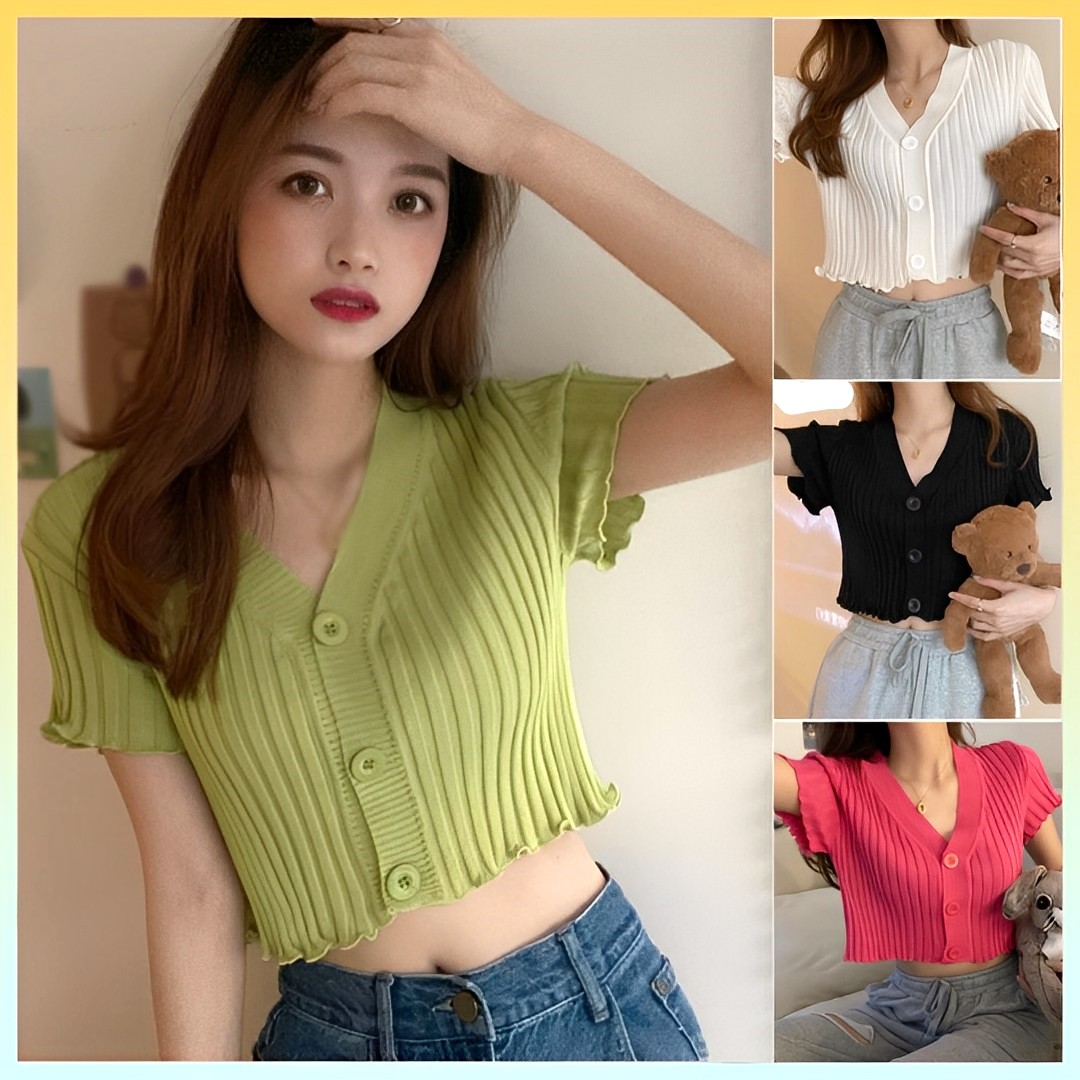 Áo len thun montoghi dệt kim viền bèo cổ v đính nút siêu xinh loại 1