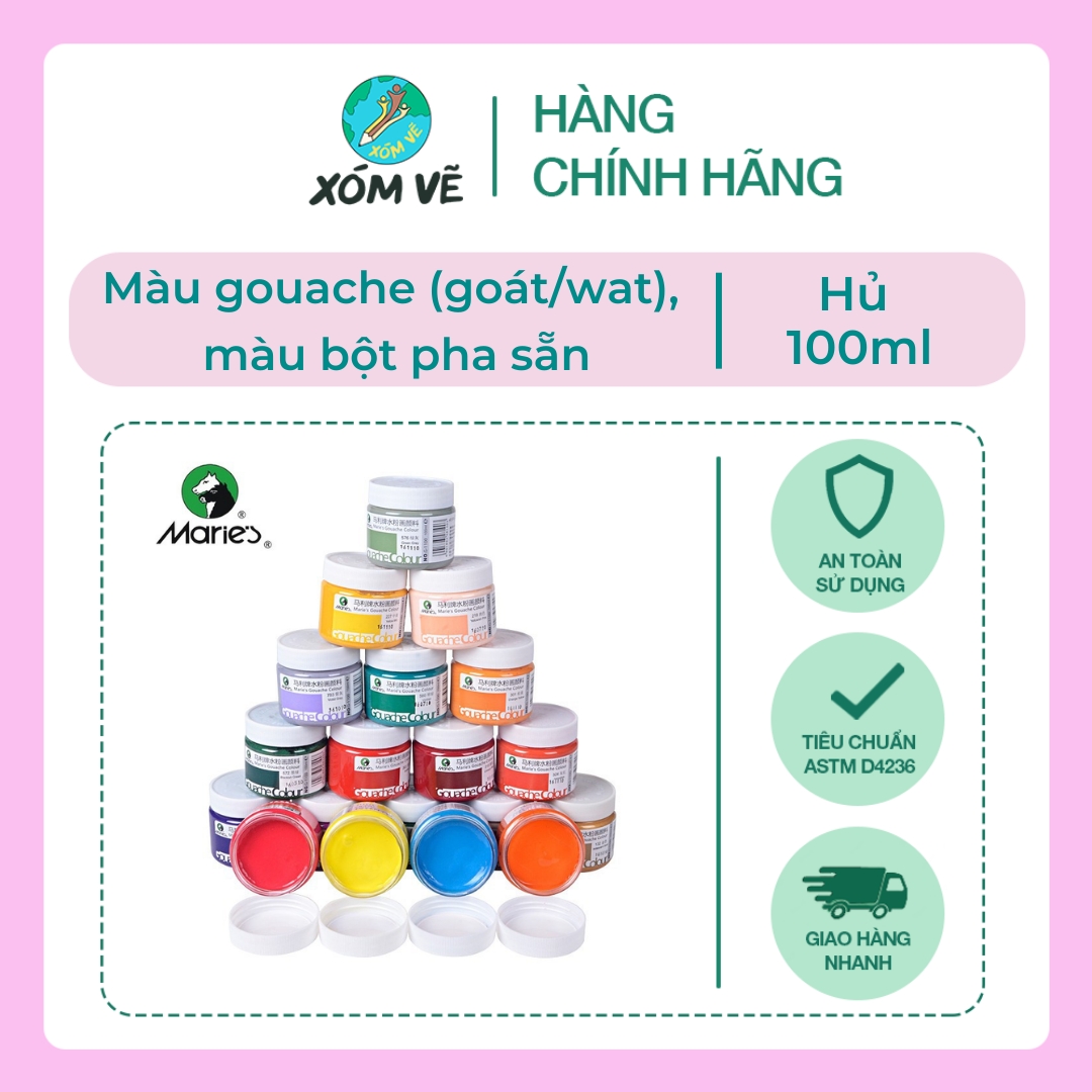 Màu Gouache, goat, wat, màu bột pha sẵn, màu học sinh hủ 100ml đầu ngựa Maries