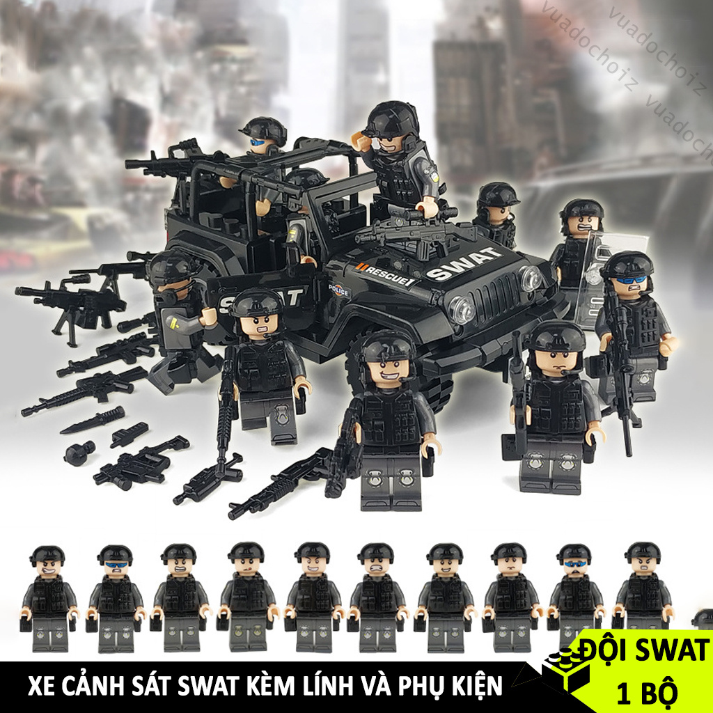 Đồ chơi lắp ráp cảnh sát SWAT, mô hình lắp ráp xe ô tô JEEP và đội lính SWAT kèm phụ kiện