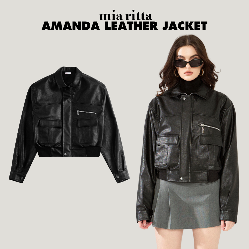 Áo khoác da Amanda leather jacket Mia Ritta A2154 - Áo khoác da bomber kéo khoá dài tay