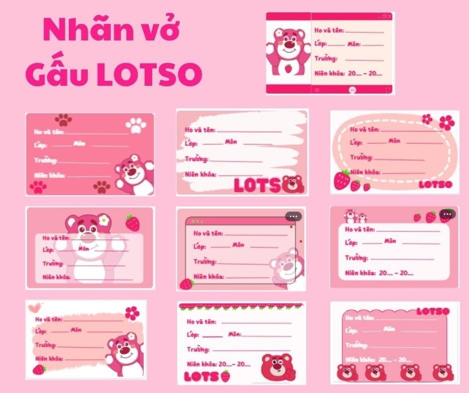 Set 20 nhãn vở hot trend Gấu lotso dâu, cún pochacco đẹp bóc dán siêu tiện lợi
