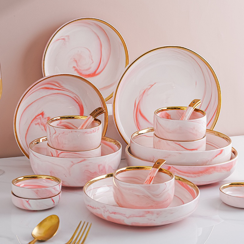 Set bát 26 món. Bát đĩa 26 món. set bát đĩa 26 món màu vân đá hồng viền vàng sang trọng. Bộ chén đĩa đẹp