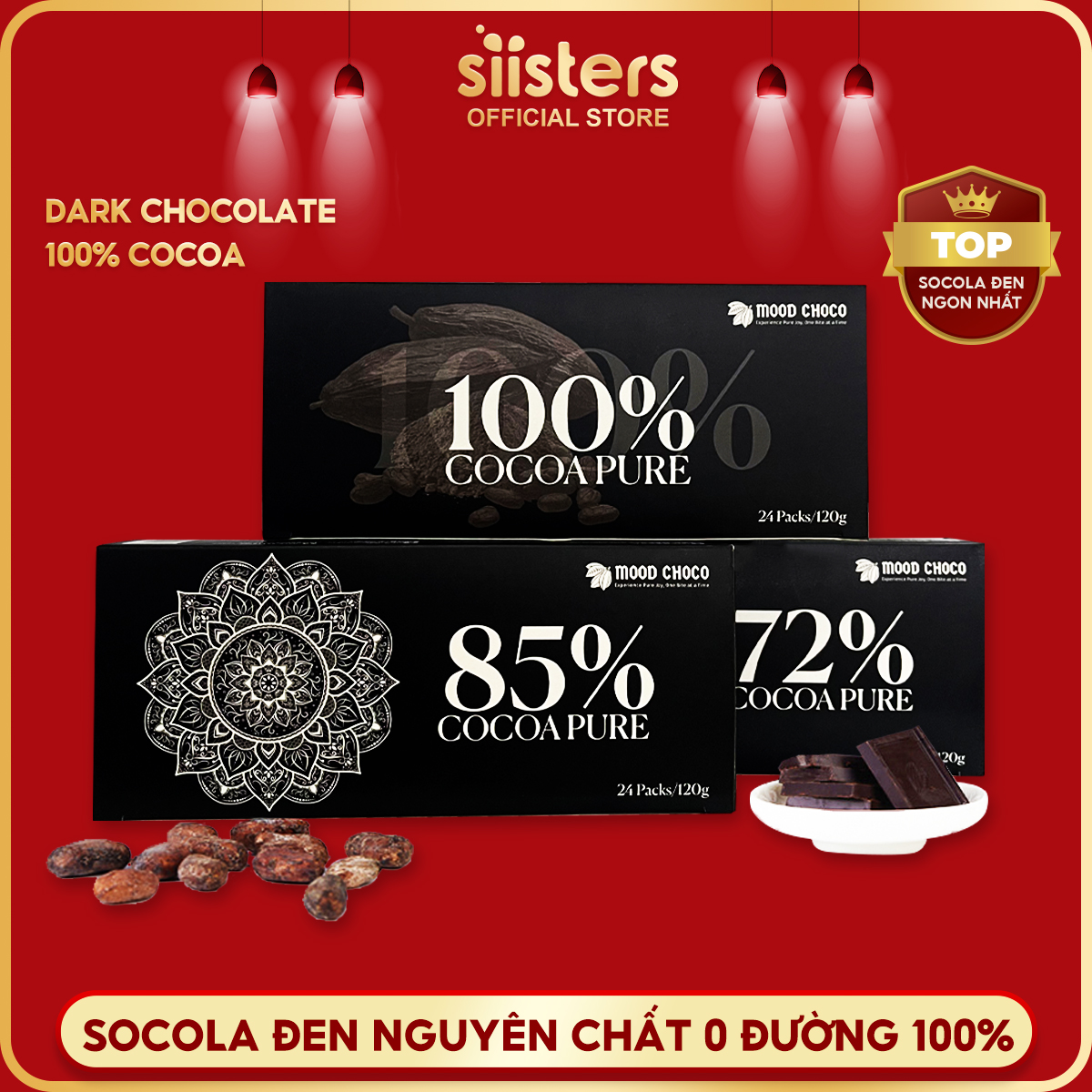 Socola đen đắng nguyên chất không đường 100% MOOD CHOCO Kẹo Chocolate thanh ăn kiêng hộp 24 gói