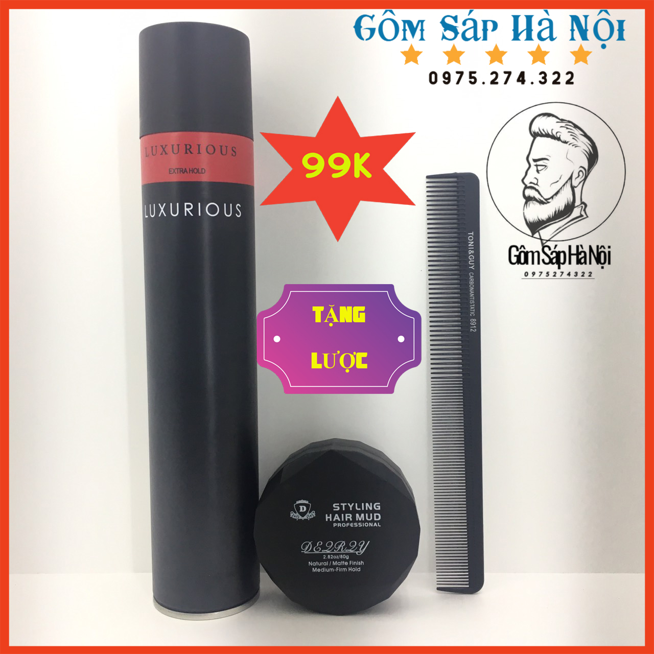 Combo tặng lược- gôm xịt tóc luxurious 400ml + sáp vuốt tóc d styling hair mud