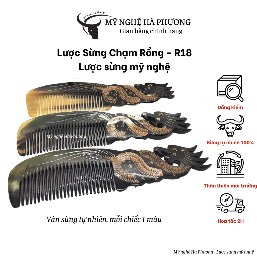 Lược Sừng con Rồng chạm 2 mặt ( size: M-18cm) Mỹ nghệ Hà Phương, quà tặng ý nghĩa