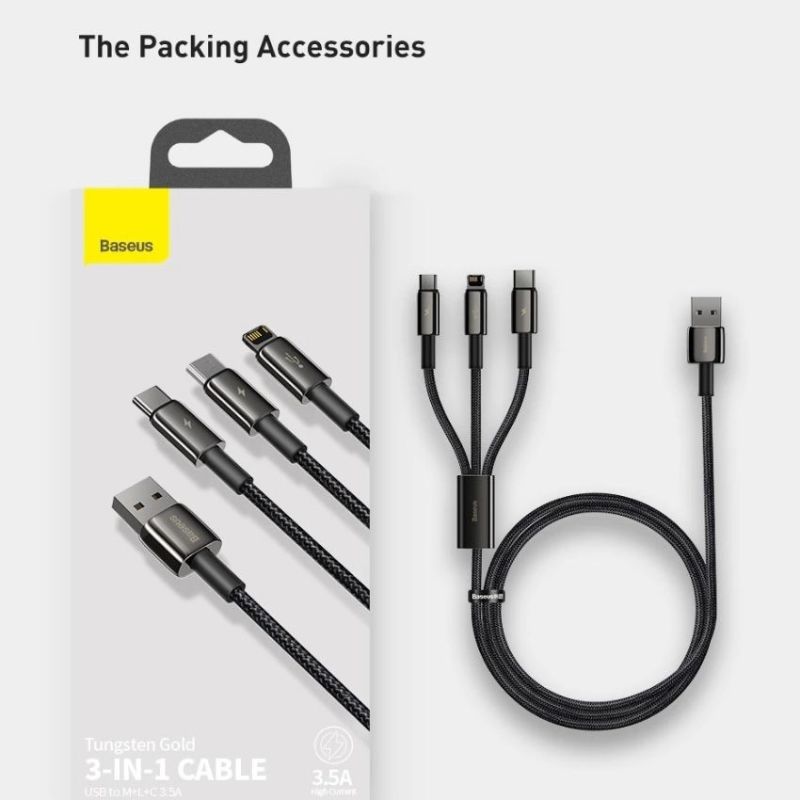 Cáp sạc 3 đầu siêu bền baseus tungsten gold series 3 in 1 catlwj