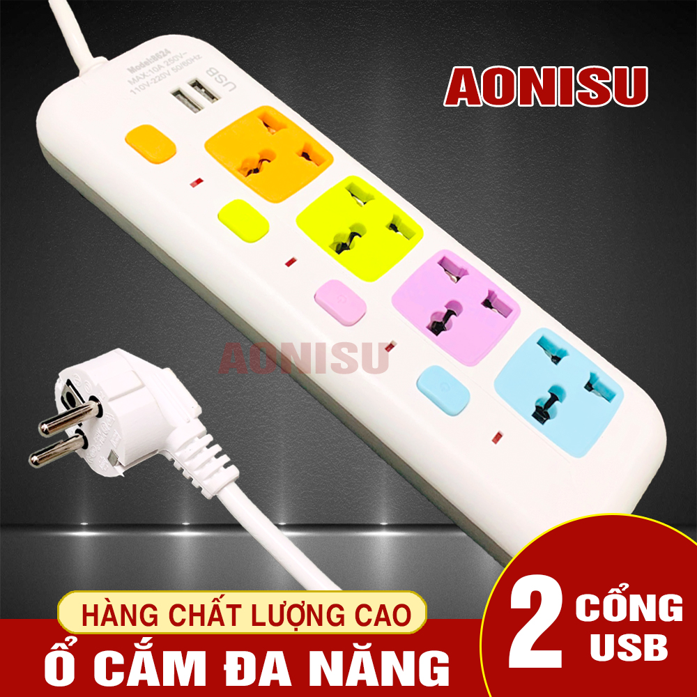 Ổ Cắm Điện Thông Minh 4 Phích , 2 Cổng Sạc , Dây 3 mét , Có Công Tắc - Ổ Cắm Điện Đa Năng , Phích Cắm Điện Chống Giật , Ổ Điện Đa Năng