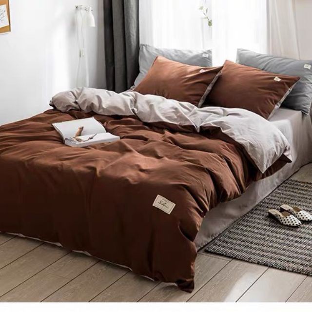 Cotton tici bộ chăn ga gối nâu phối be shoptrangheo miễn phí bo chun ga giường theo yêu cầu