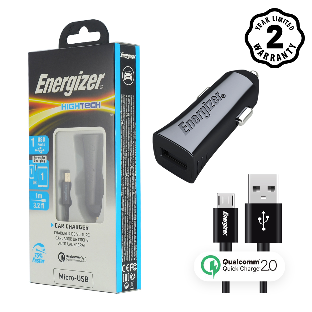 Sạc ô-tô Energizer QC2.0 màu đen kèm cáp MicroUSB - DCA1QHMC3