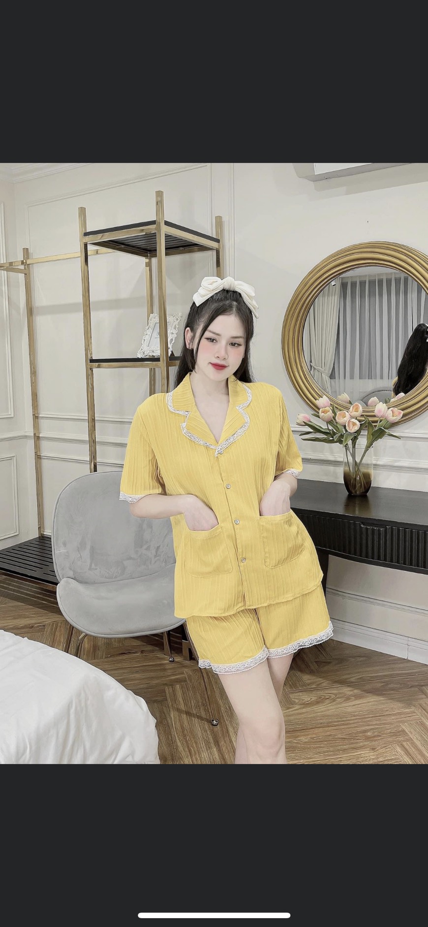 Đồ bộ pijama nữ áo cộc quần đùi mặc nhà lụa gấm xước mát lịm