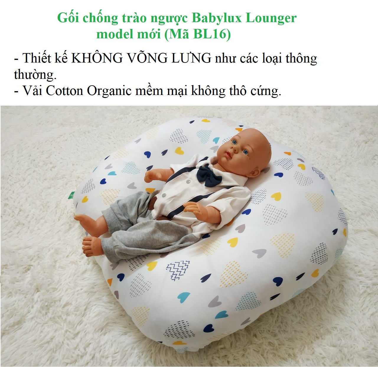 Gối chống trào ngược Babylux lounger cho trẻ sơ sinh - Model mới : Không võng lưng, có thể điều chỉnh độ cao, Vải Cotton Organic cao cấp