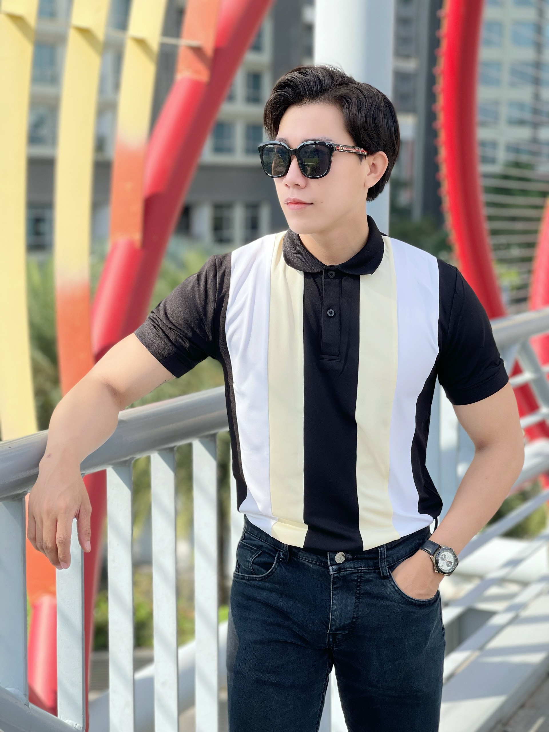 Áo thun polo nam cá sấu có cổ phối viền sọc thời trang
