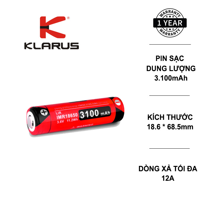 Pin sạc KLARUS 18650 cao cấp dung lượng 3100mAh dòng xả max 12A
