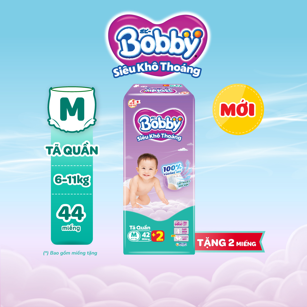 [CHỈ 20h 04-07.05 QT Đơn 899K/1199K] Tã quần Bobby Siêu Khô Thoáng - 100% Thoáng Khí Jumbo M42+2/M44