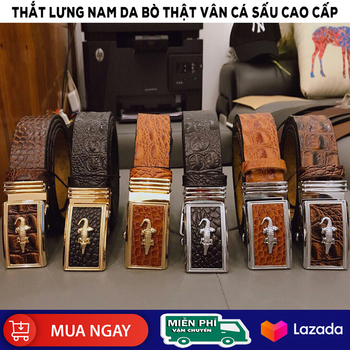 Thắt lưng nam da bò thật vân cá sấu cao cấp - khóa tự động