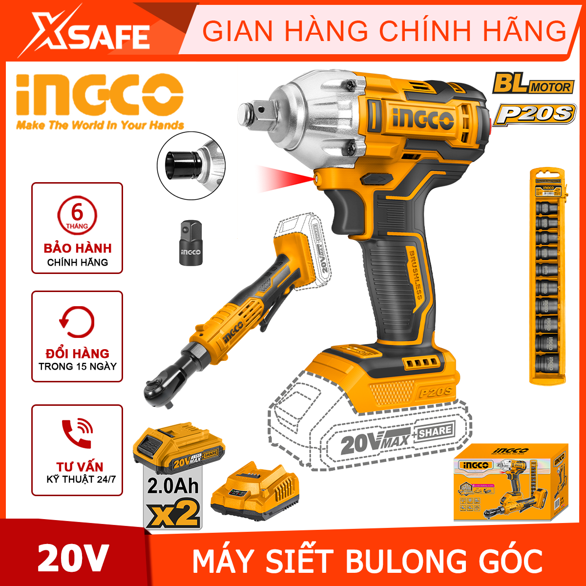 Combo máy siết bulong 300NM mà máy bắn bu lông góc 20V INGCO COSLI23066 motor không chổi than kèm 2 pin sạc và phụ kiện