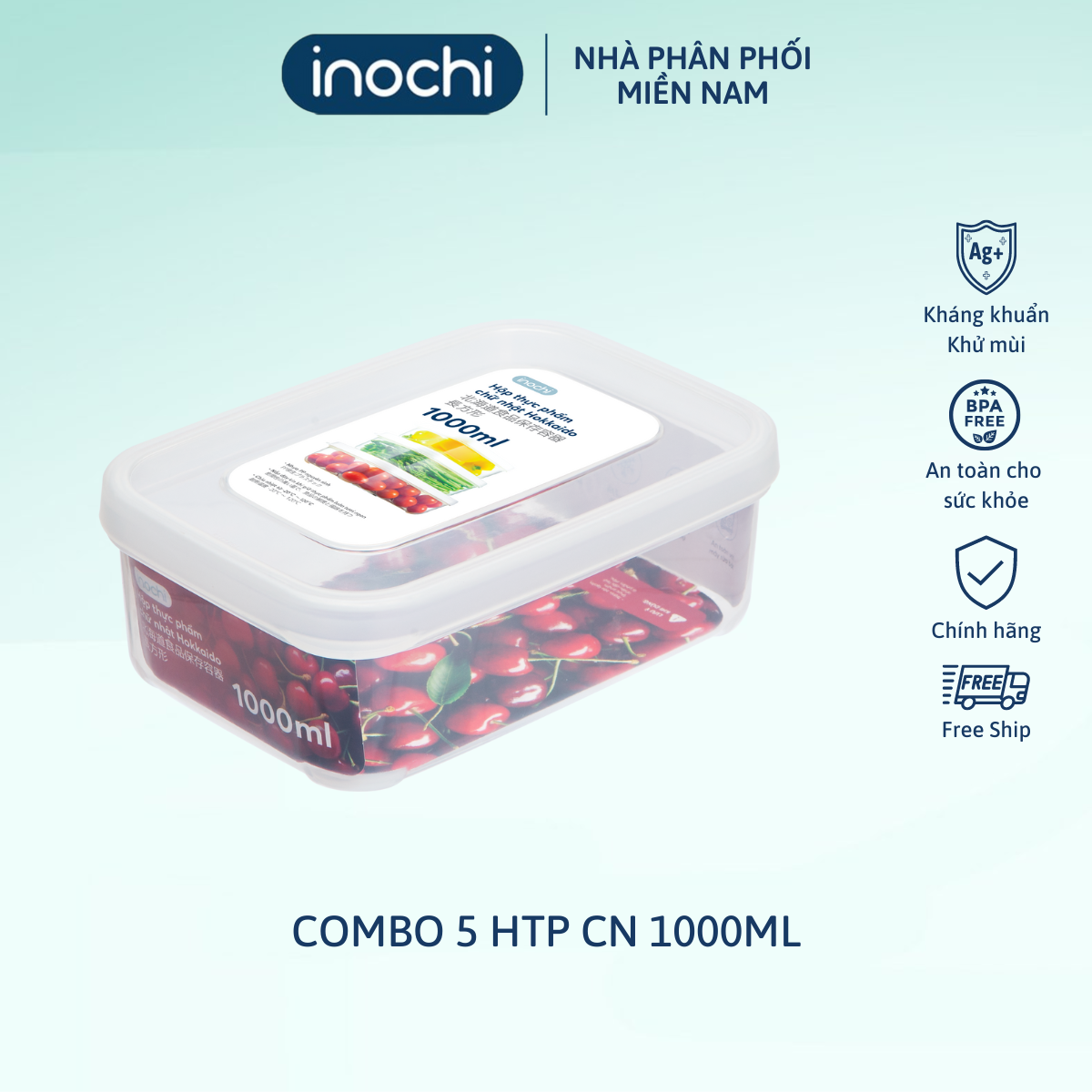 Combo 5 hộp thực phẩm chữ nhật Hokkaido 1000ml - Giao màu ngẫu nhiên