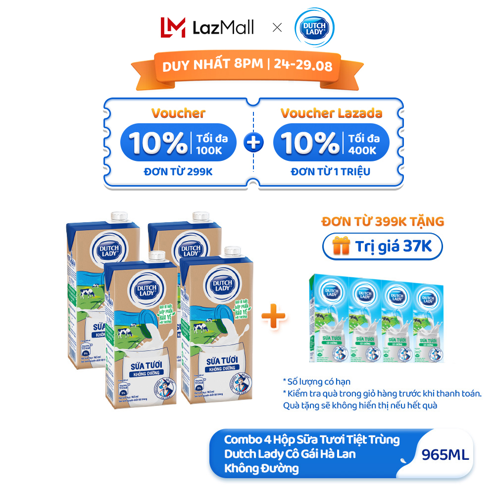 Combo 4 hộp sữa tươi tiệt trùng dutch lady cô gái hà lan không đường 965ml