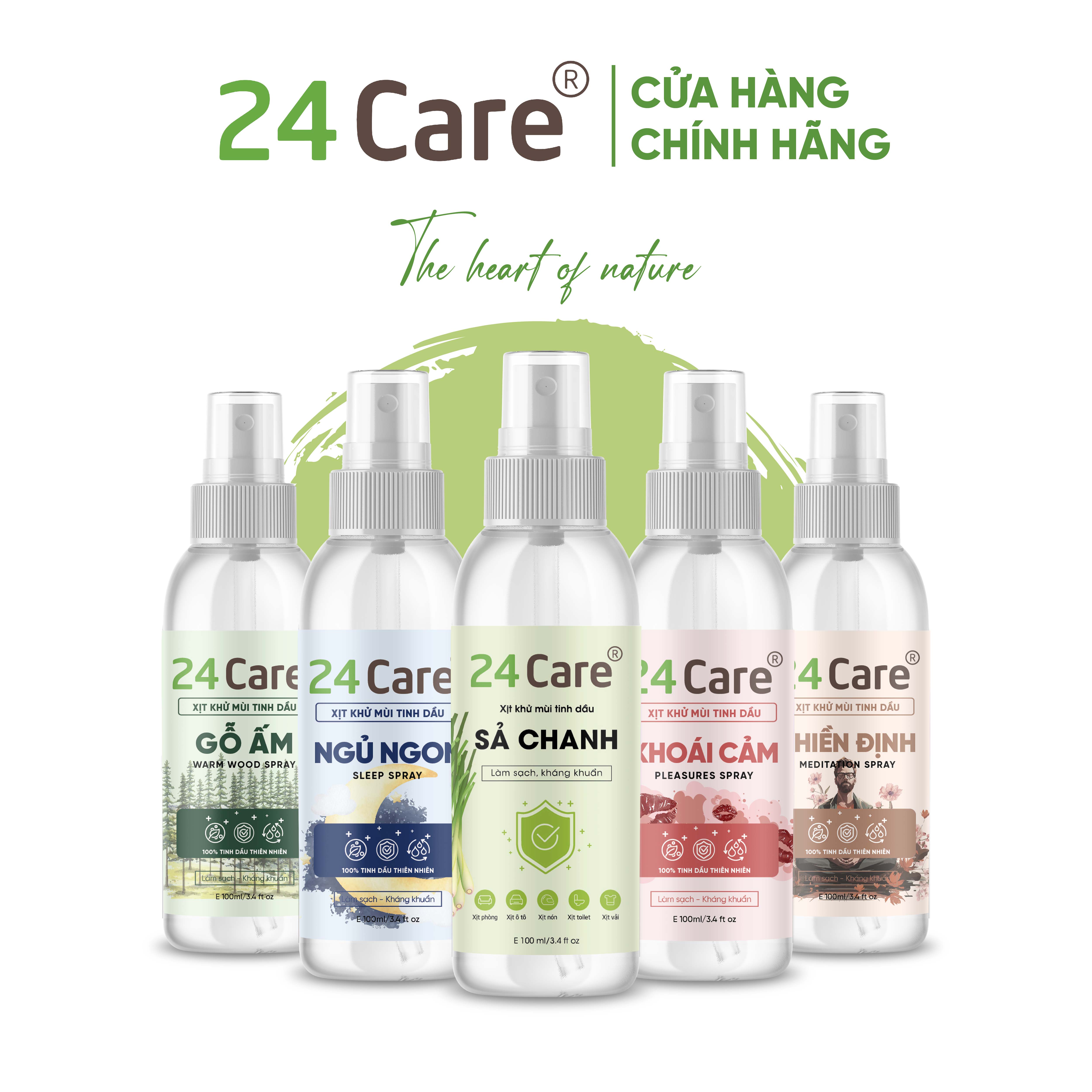 Xịt Phòng Tinh Dầu Hữu Cơ Organic 24Care 100ML - Kháng khuẩn - Khử mùi hôi - Đuổi muỗi - côn trùng - Tạo không gian lãng mạn, hẹn hò - Hương thơm thư giãn