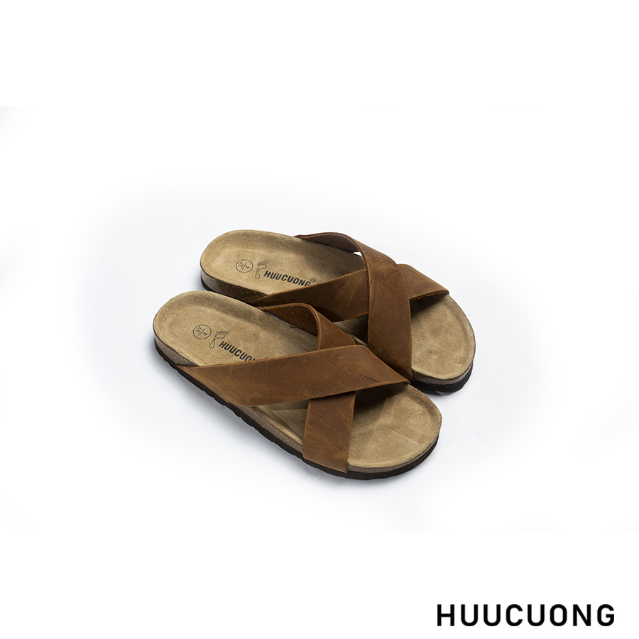 Dép unisex quai chéo da bò nâu đế trấu
