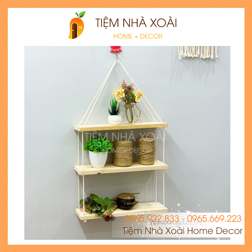 Bộ Kệ Gỗ Trang Trí 3 Tầng treo tường bản gỗ 40x10cm TẶNG Dây Thừng, Khoen Treo