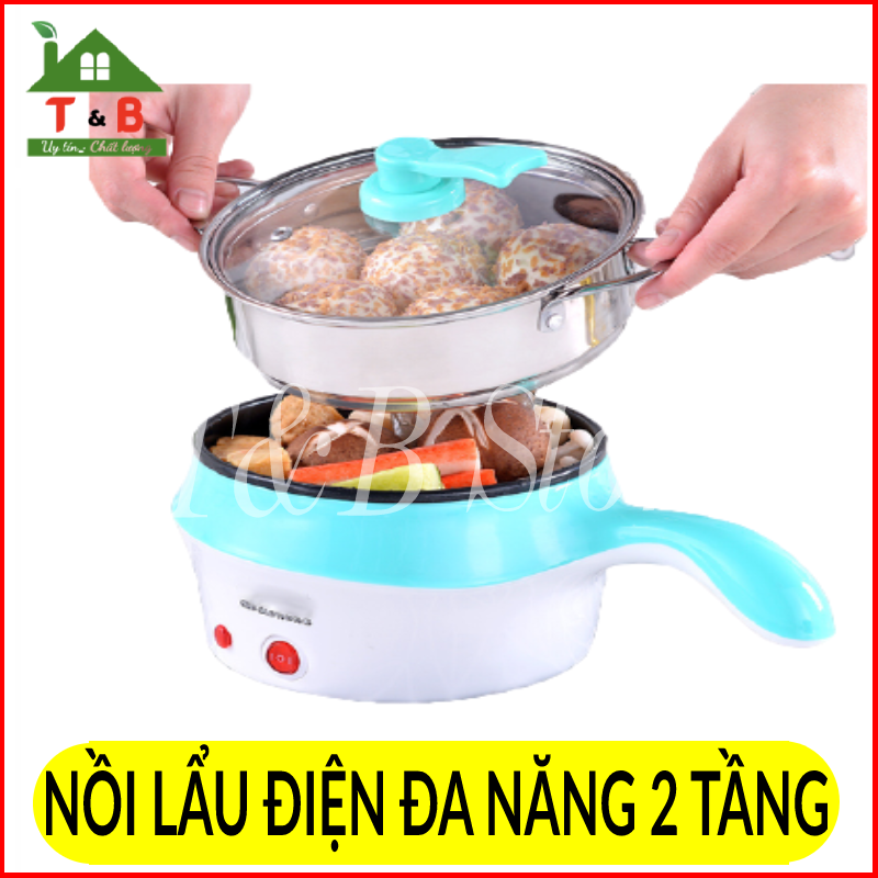 Nồi lẩu điện đa năng 2 tầng có lồng hấp và nắp kính cao cấp, Nồi Lẩu chảo điện cầm tay mini đa chức năng