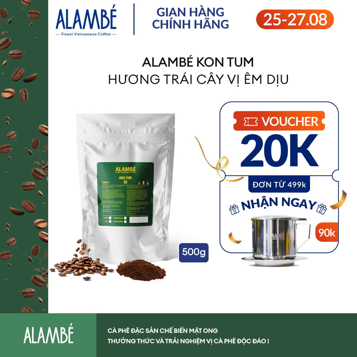 ALAMBÉ Kon Tum 500g - Cà phê rang xay/nguyên hạt Robusta Honey, đắng nhẹ, chua thanh, dịu ngọt, vị caramel