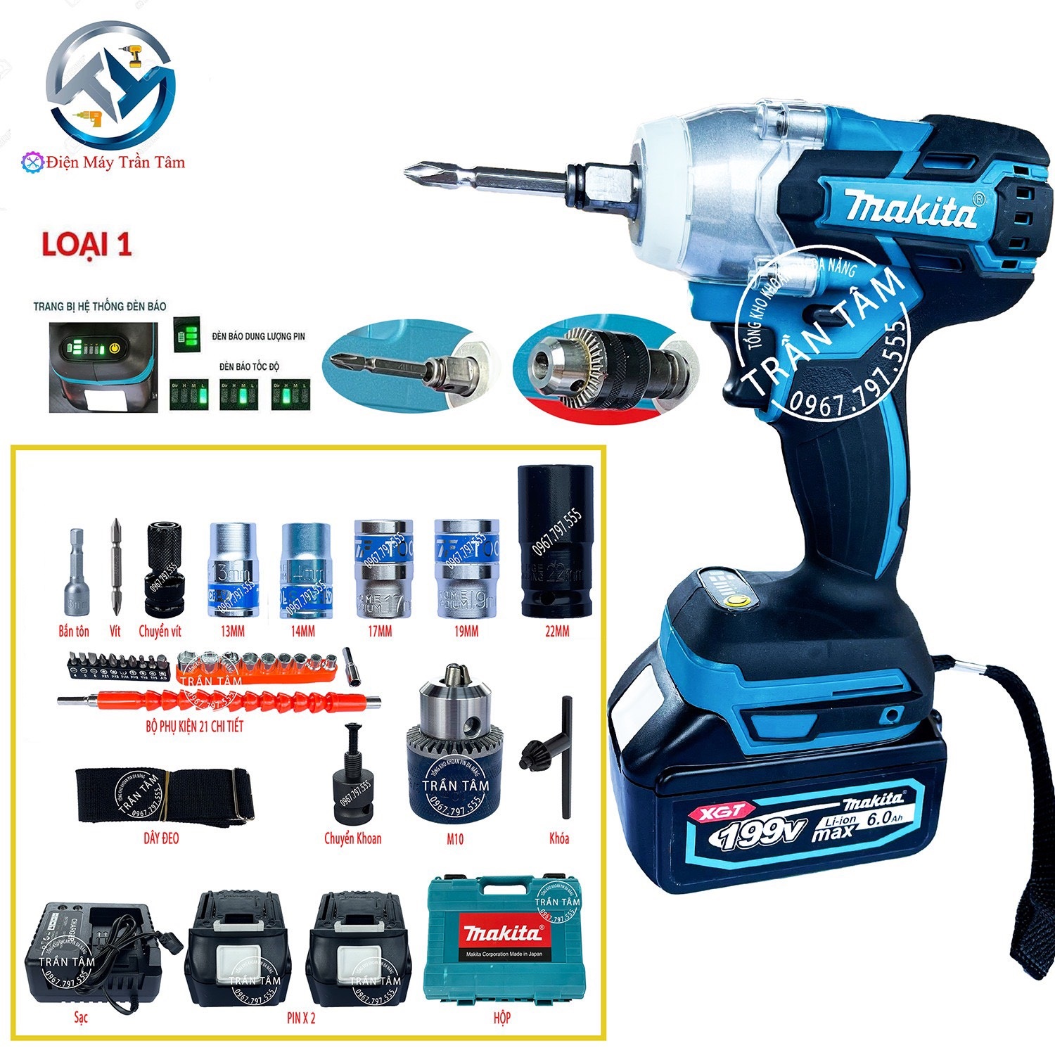 Máy Siết Bulong Pin MAKITA 199V KHÔNG CHỔI THAN đầu 2 trong 1 full box theo PHÂN LOẠI BH 12 THÁNG