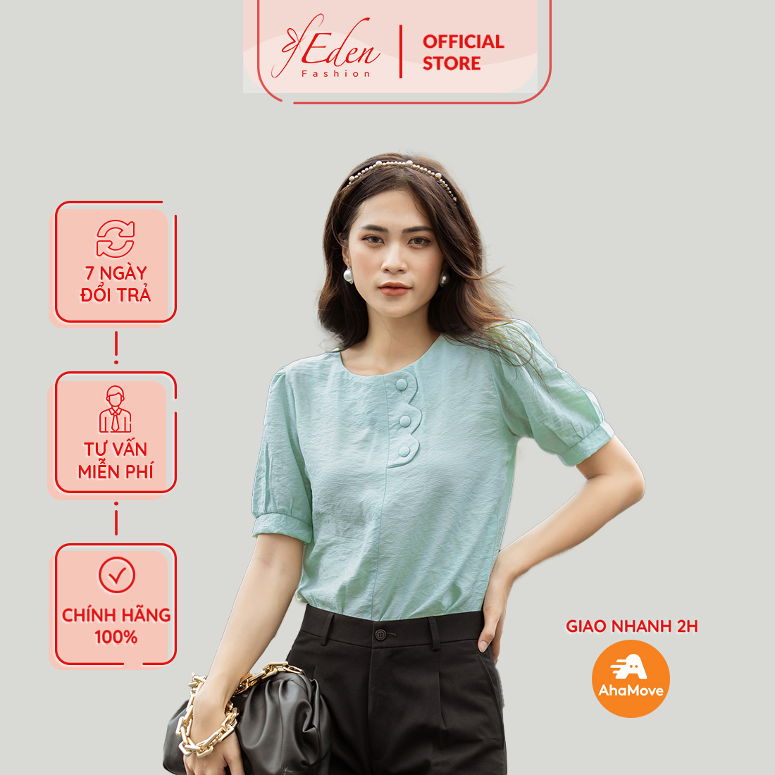 Áo kiểu nữ công sở suông phối nút thời trang Eden chất liệu tằm sọc siêu mát - ASM155