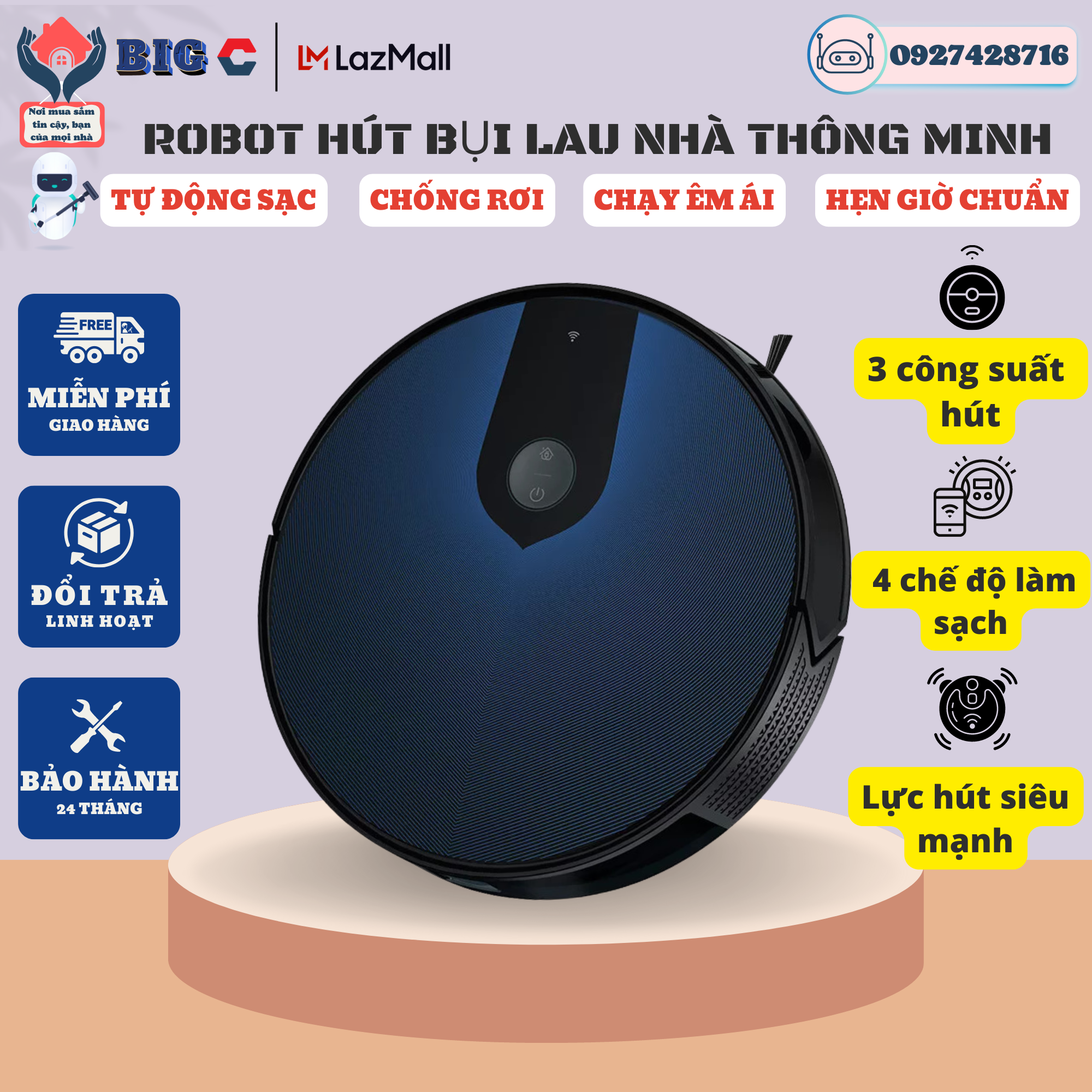 Máy hút bụi, robot hut bụi lau nhà, robot lau nhà thông minh, máy hút bụi tự động - Robot hút bụi lau nhà thông minh Pin 5200mah - App Tiếng Việt-Thông báo Tiếng Việt- Lưu 3 bản đồ - Có tường ảo