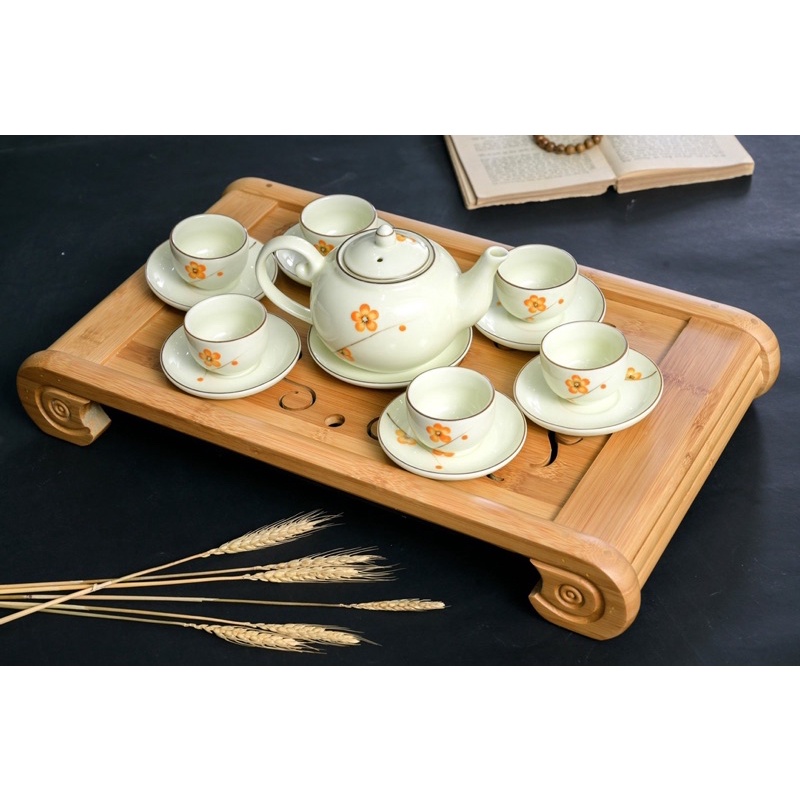 Bộ ấm chén sứ tách uống trà bộ trà hoạ tiết men kem vẽ mai đào sen nhiều kiểu dáng gốm sứ bát tràng làm quà tặng cao cấp