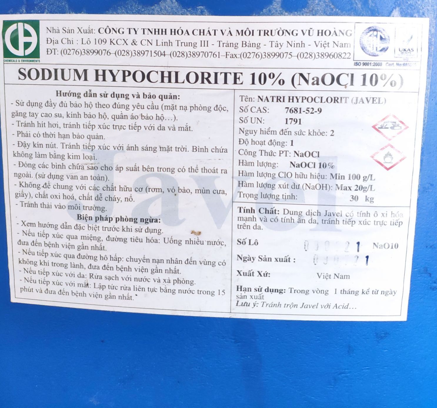 Thuốc tẩy Javen 10% Sodium Hypochlorite 10%