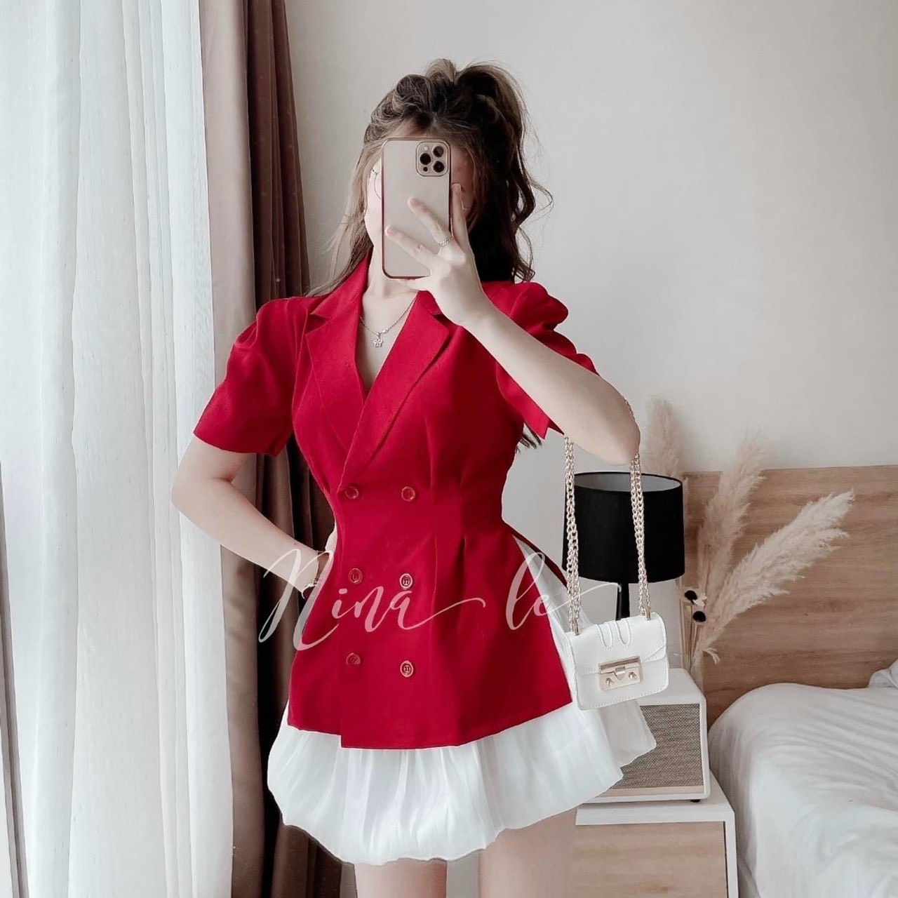 [HCM]set áo vest tà xéo chân váy ngắn bí chất tơ xịn xò  m008122
