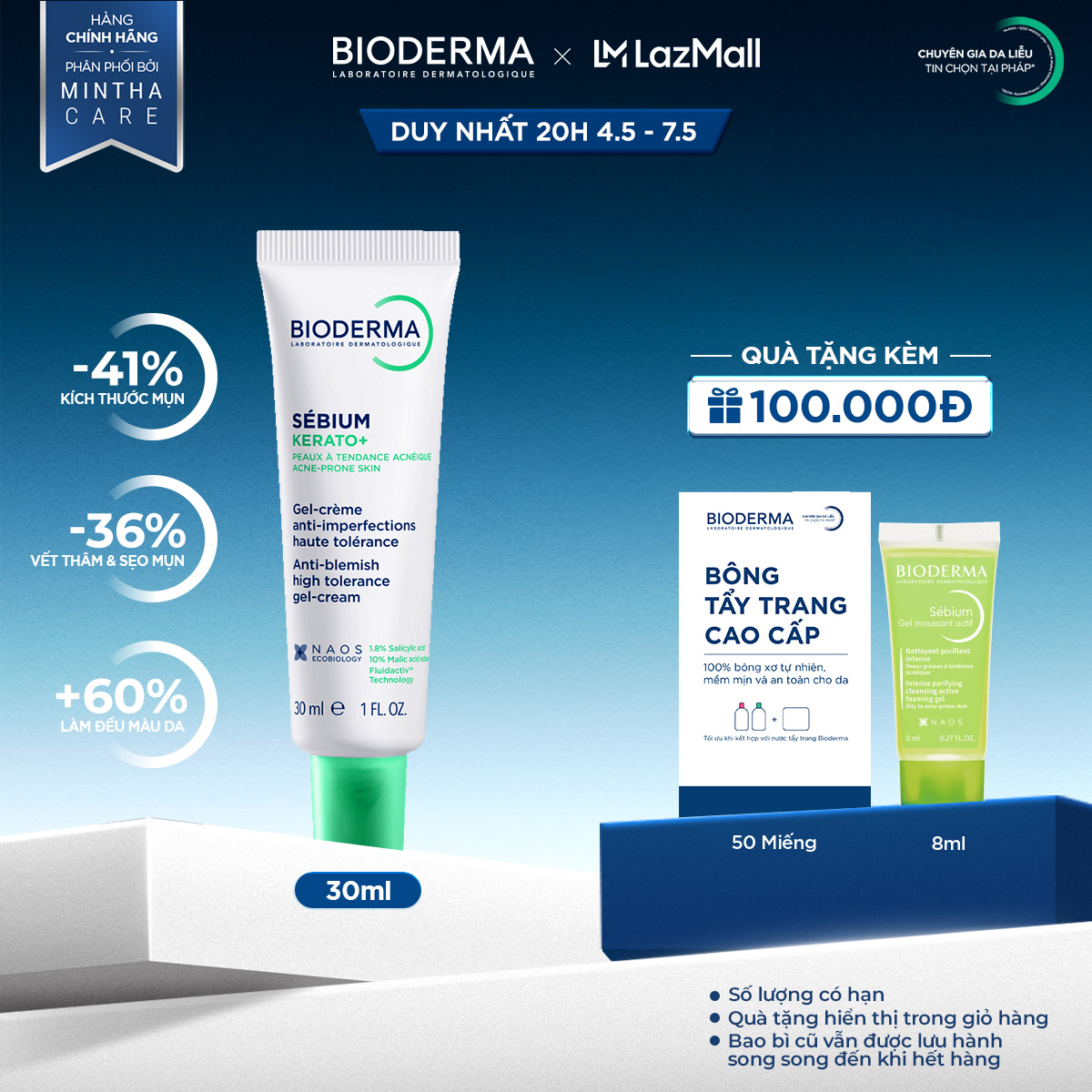 Kem dưỡng hỗ trợ giảm mụn chuyên sâu cho da mụn nhẹ đến trung bình Bioderma Sébium Kerato+ 30ml