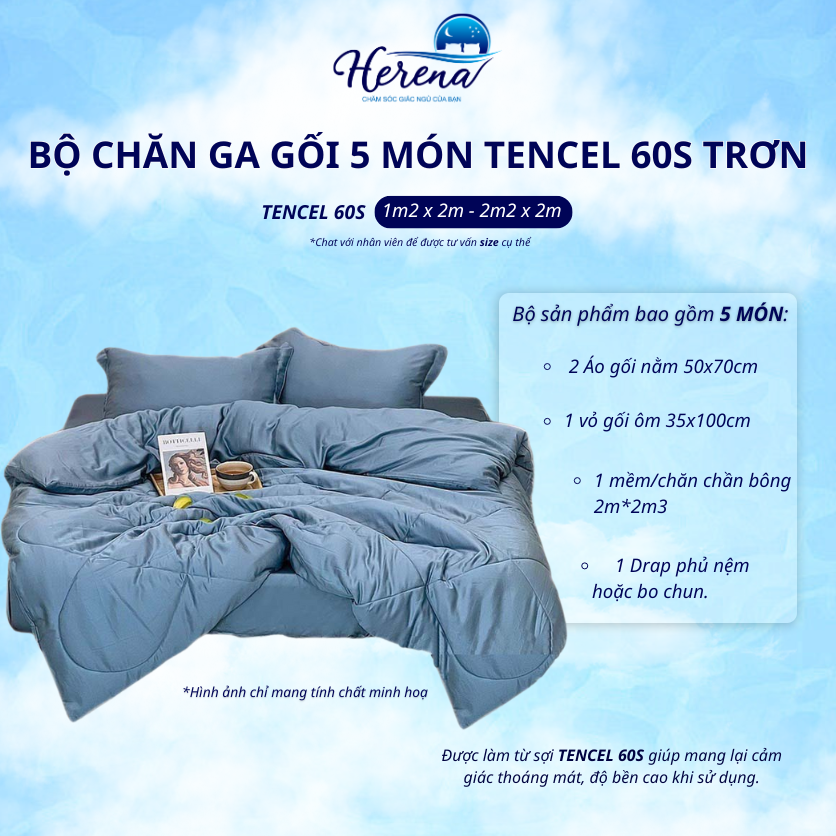 Bộ chăn ga gối 5 món lụa tencel 60s trơn cao cấp HERENA - mềm mại, êm ái, thoáng mát, dễ chịu