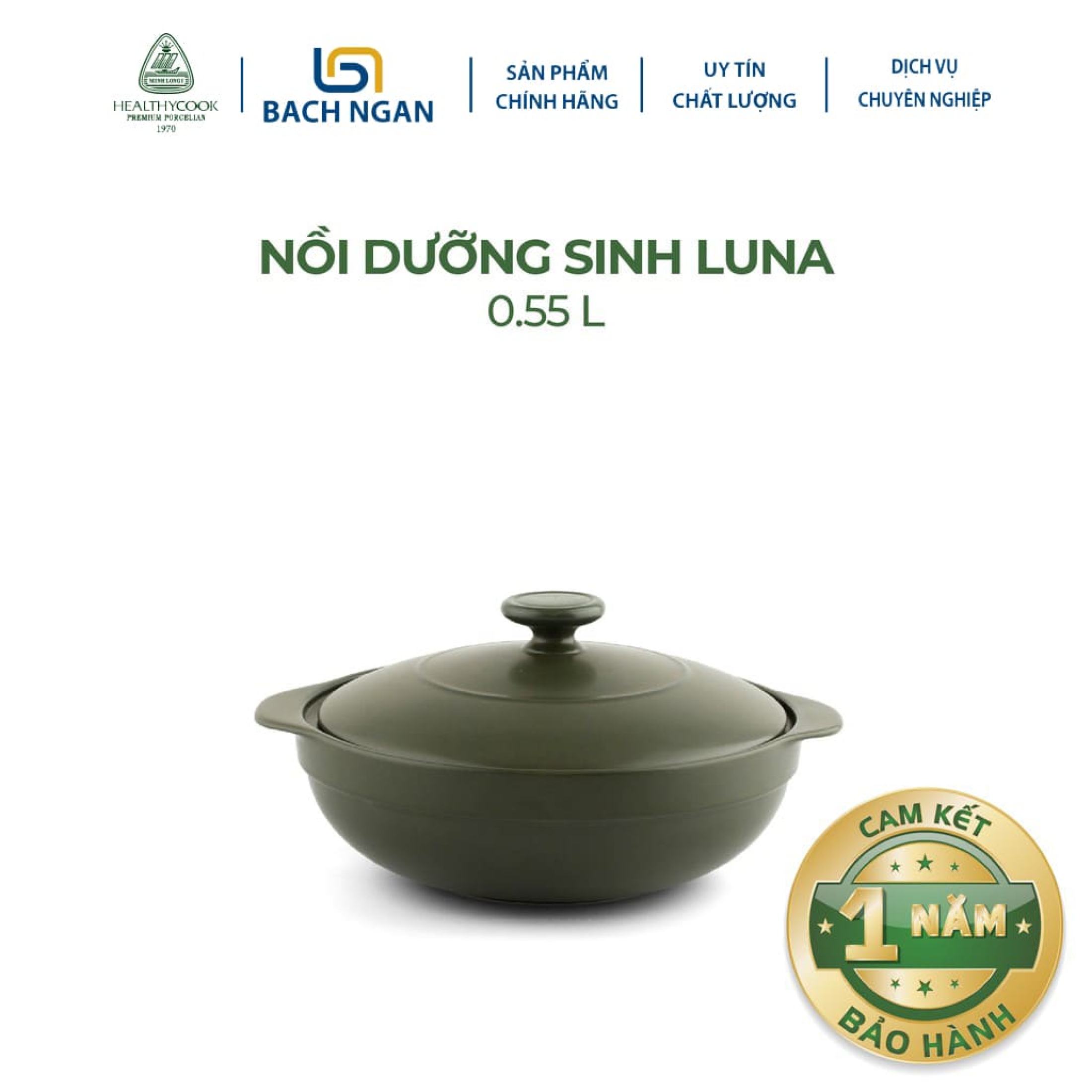 Nồi Sứ Dưỡng Sinh Minh Long Luna 0.55L có nắp đậy, tráng men màu sứ xanh rêu, có thể kho cá, hầm cháo - nồi đất