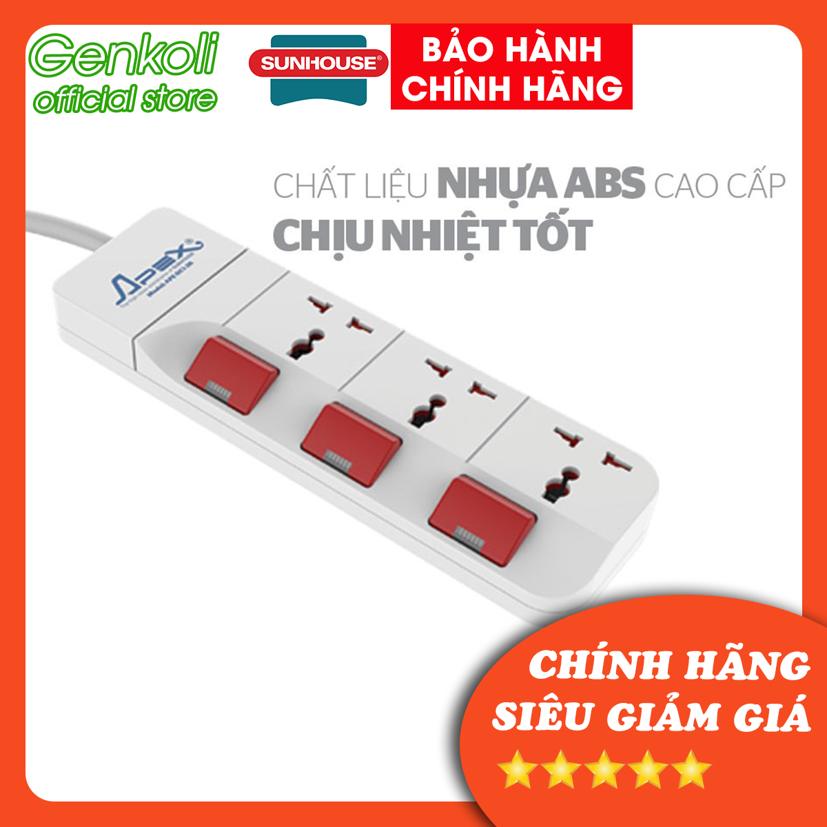 Ổ cắm điện APEX OC1-3R, ổ cắm cao cấp của SUNHOUSE, 3 lỗ cắm, dây dài 2,5m - Bảo hành chính hãng