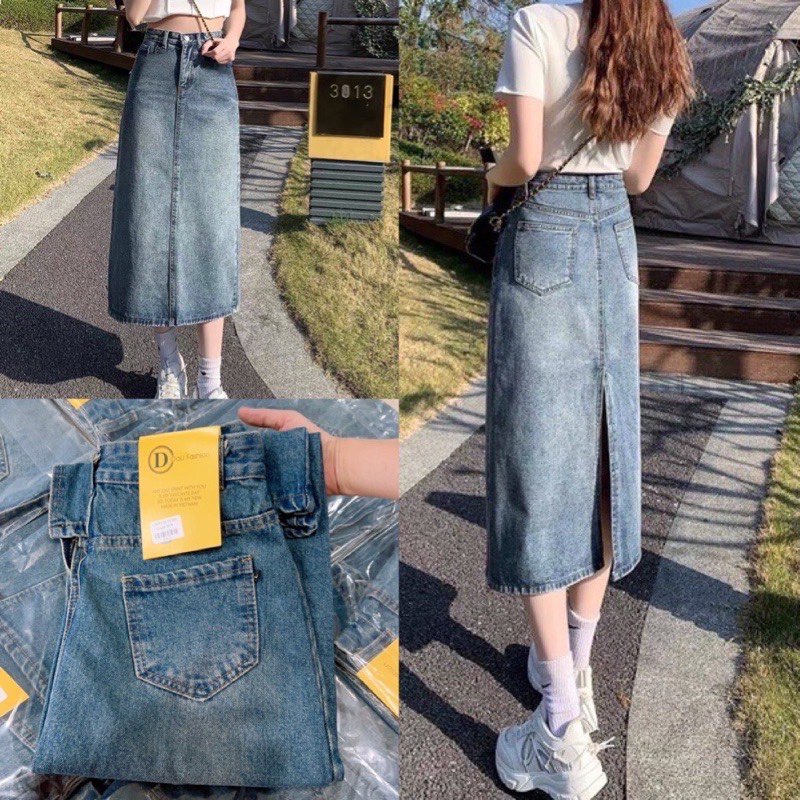 Chân váy bò denim xanh đậm xẻ sau siêu hot #919