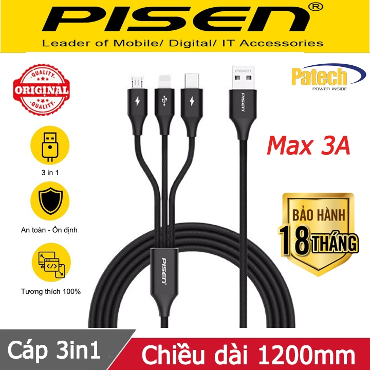 Cáp sạc đa năng 3 in 1 Pisen, Type-C, Iphone và Android, Patech phân phối bảo hành Toàn Quốc 18 tháng.