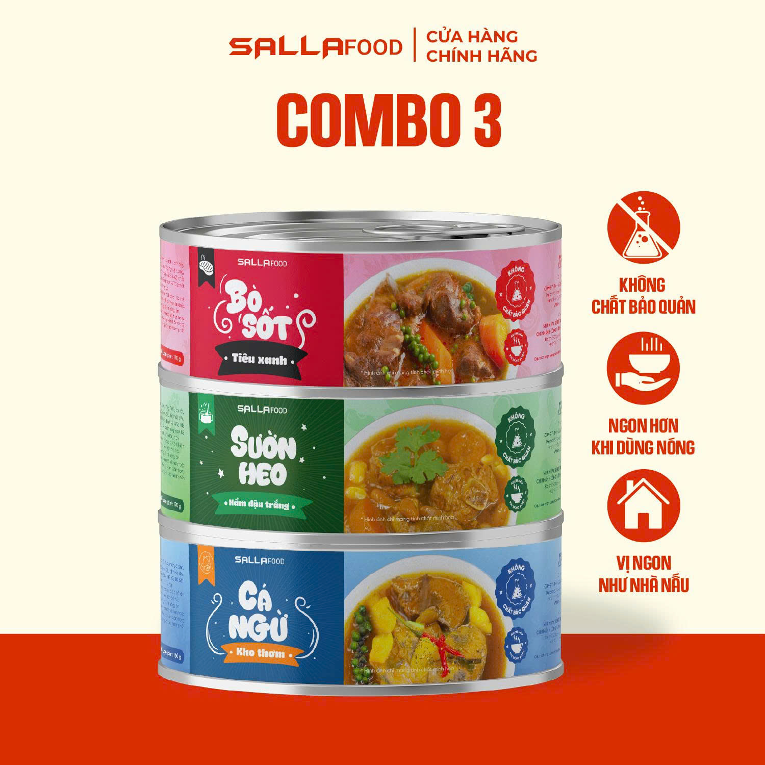 Combo 3 lon Đồ Hộp Sallafood - Bò Sốt Tiêu Xanh - Sườn Heo Hầm Đậu - Cá Ngừ Kho Thơm