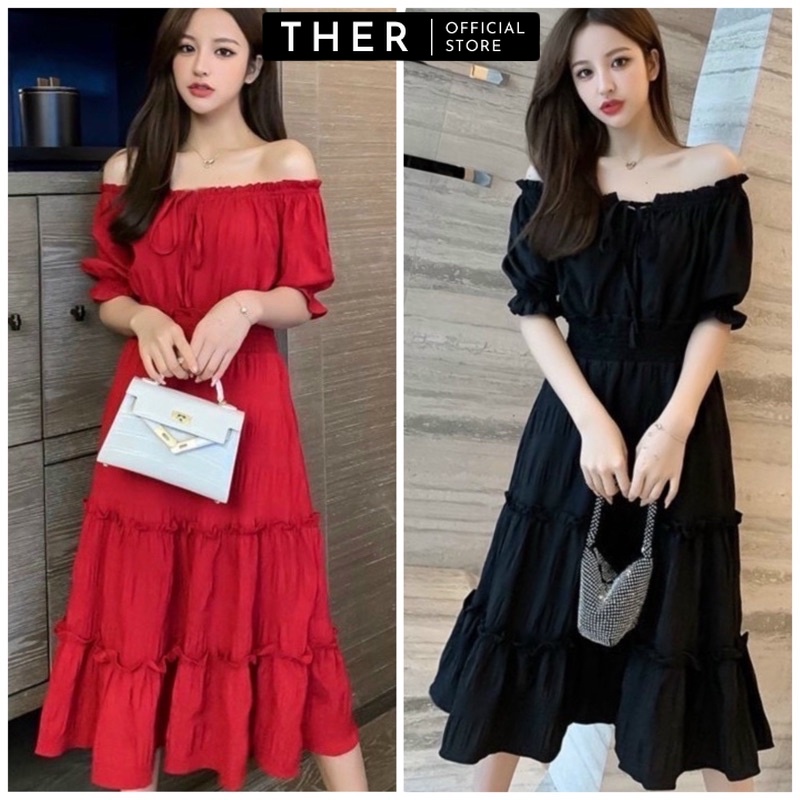 Đầm váy nữ 2 màu đỏ đen trễ vai 4 tầng có nhún eo
