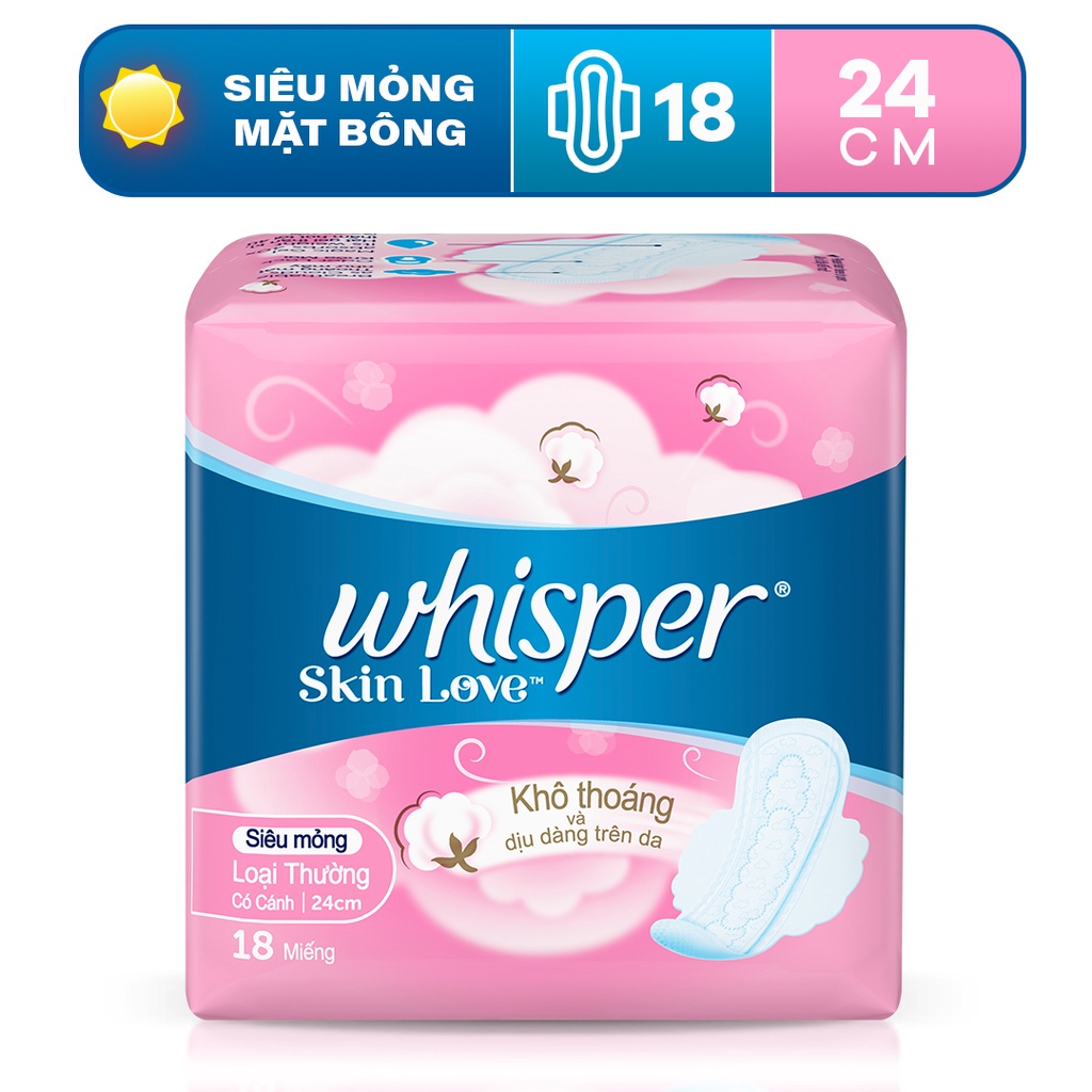 Băng vệ sinh siêu mỏng có cánh cho ngày thường SkinLove 24CM Whisper gói 18 miếng