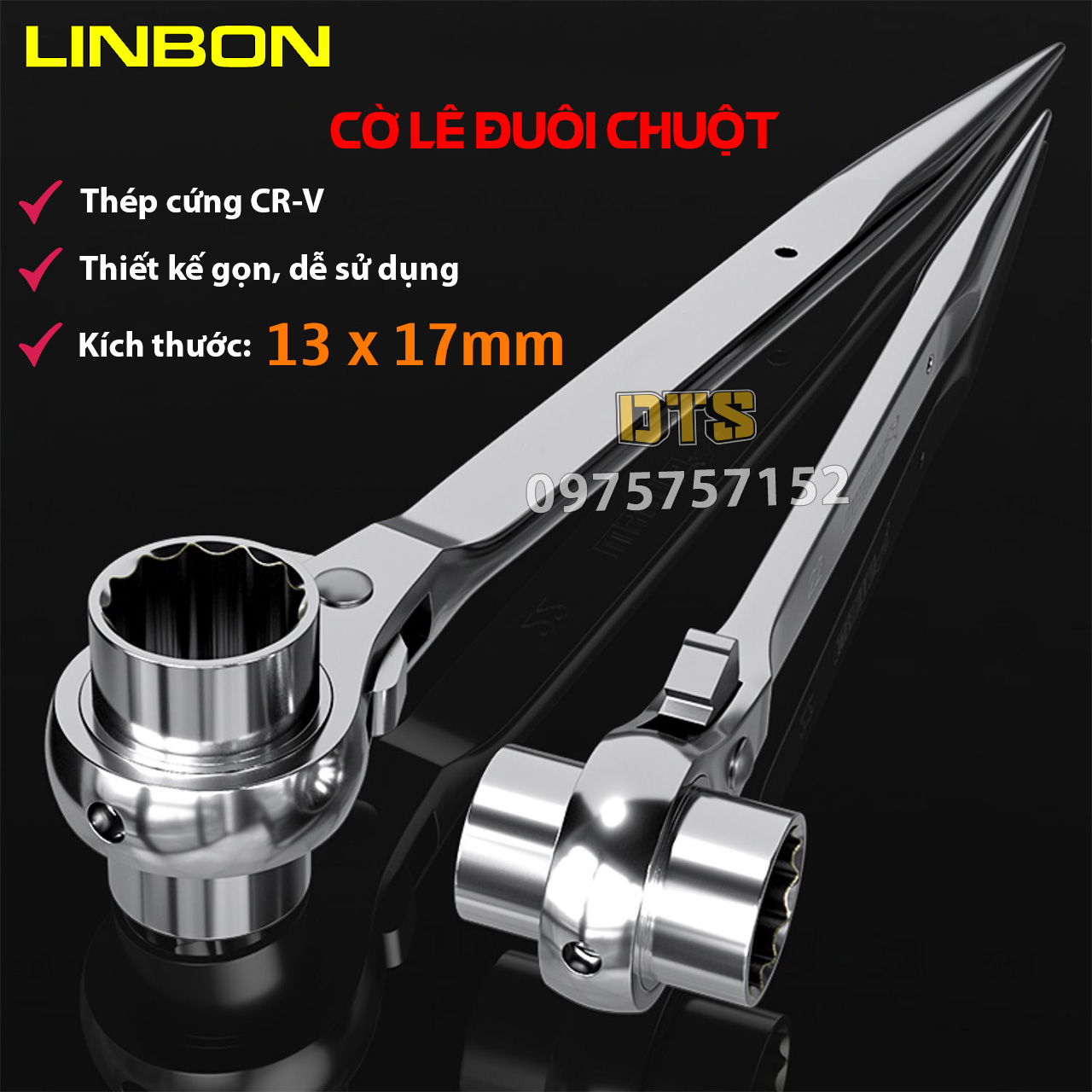 Cờ lê đuôi chuột 13-17mm 19-22mm thép đúc nguyên khối LINBON, cờ lê giàn giáo tự động thép trắng CR-V công tắc đảo chiều, clê tuýp giàn giáo đa năng 2 đầu, cà lê đuội chuột đảo chiều, tẩu đuôi chuột, khoá tuýp đuôi chuột