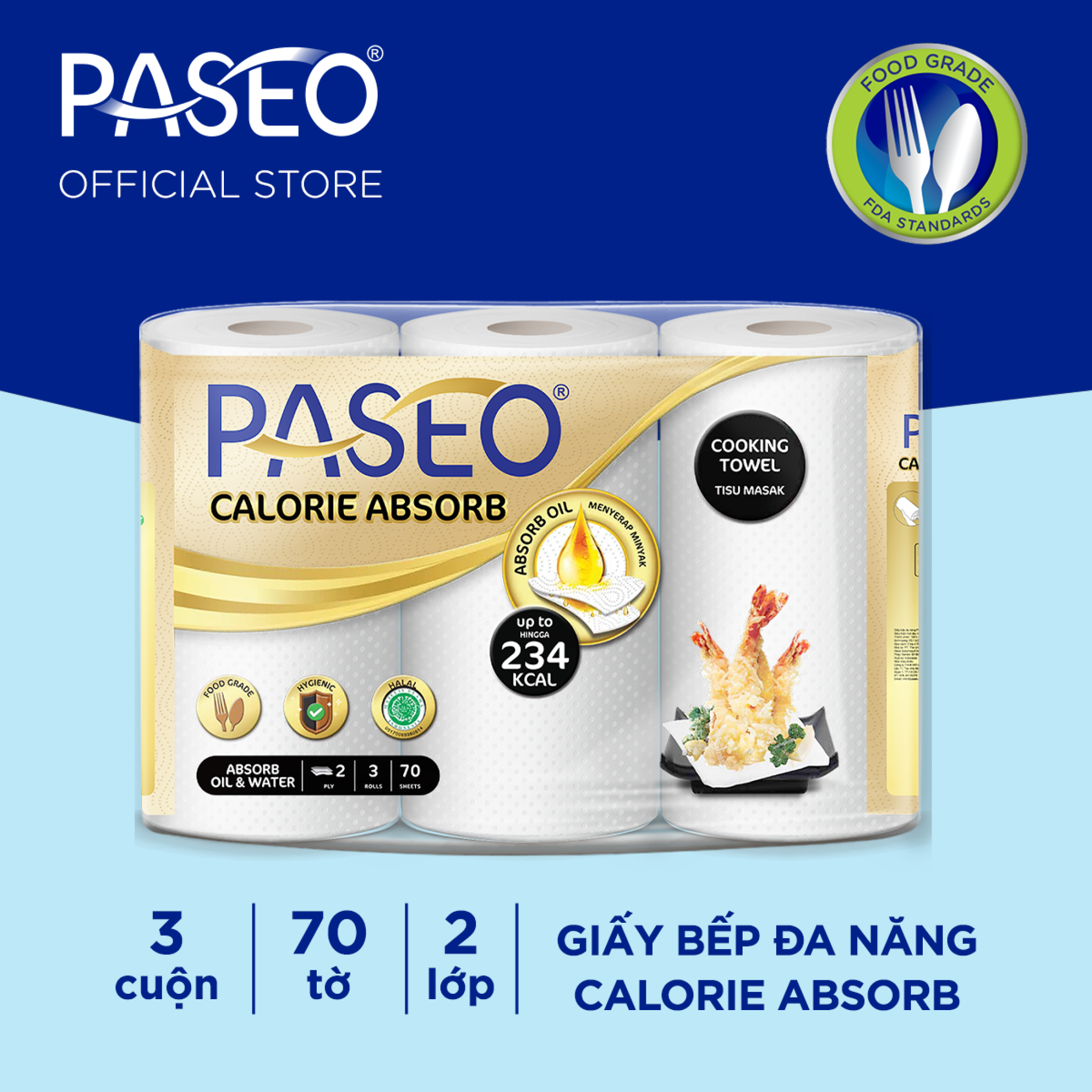 Giấy bếp đa năng cao cấp Paseo Calorie Absorb lau dầu mỡ, thấm hút nhanh (3 cuộn 2 lớp)/lốc